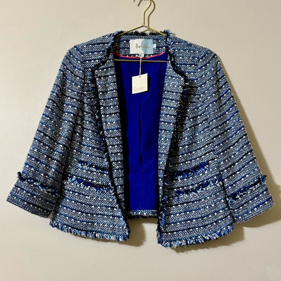 Boden Fringe Blazer Jacket 3/4 Sleeve Blue Tweed Silver Metalic Lined Sz 8 NWT - Picture 1 of 9
